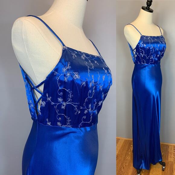 Vtg Deadstock 90s Y2K Blue Satin Asian Inspo Jacquard Corset Top Slip Dress SM - Picture 1 of 11
